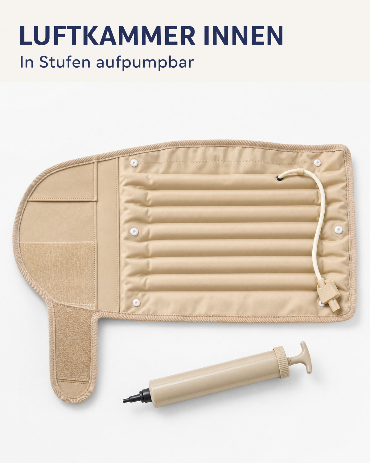 Der geöffnete Orthogurt mit sichtbaren Luftkammern und der Handpumpe