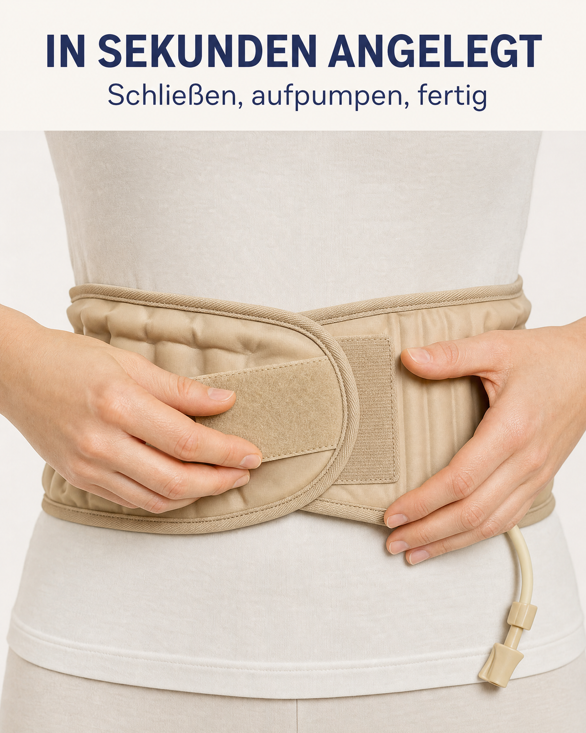 Hände schließen den Klettverschluss des Orthogurts